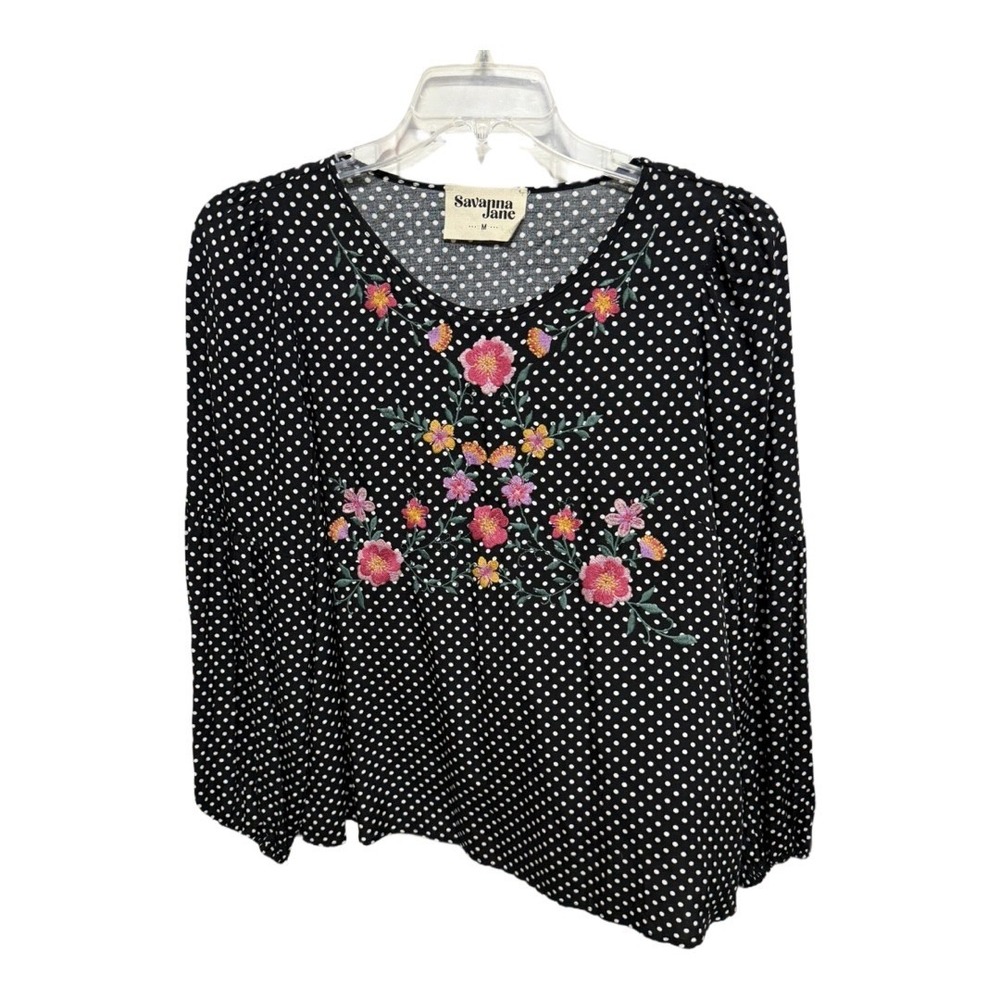 Savanna Jane Embroidered Floral Polka Dot Blouse Medium Black Boho Peasant Top
